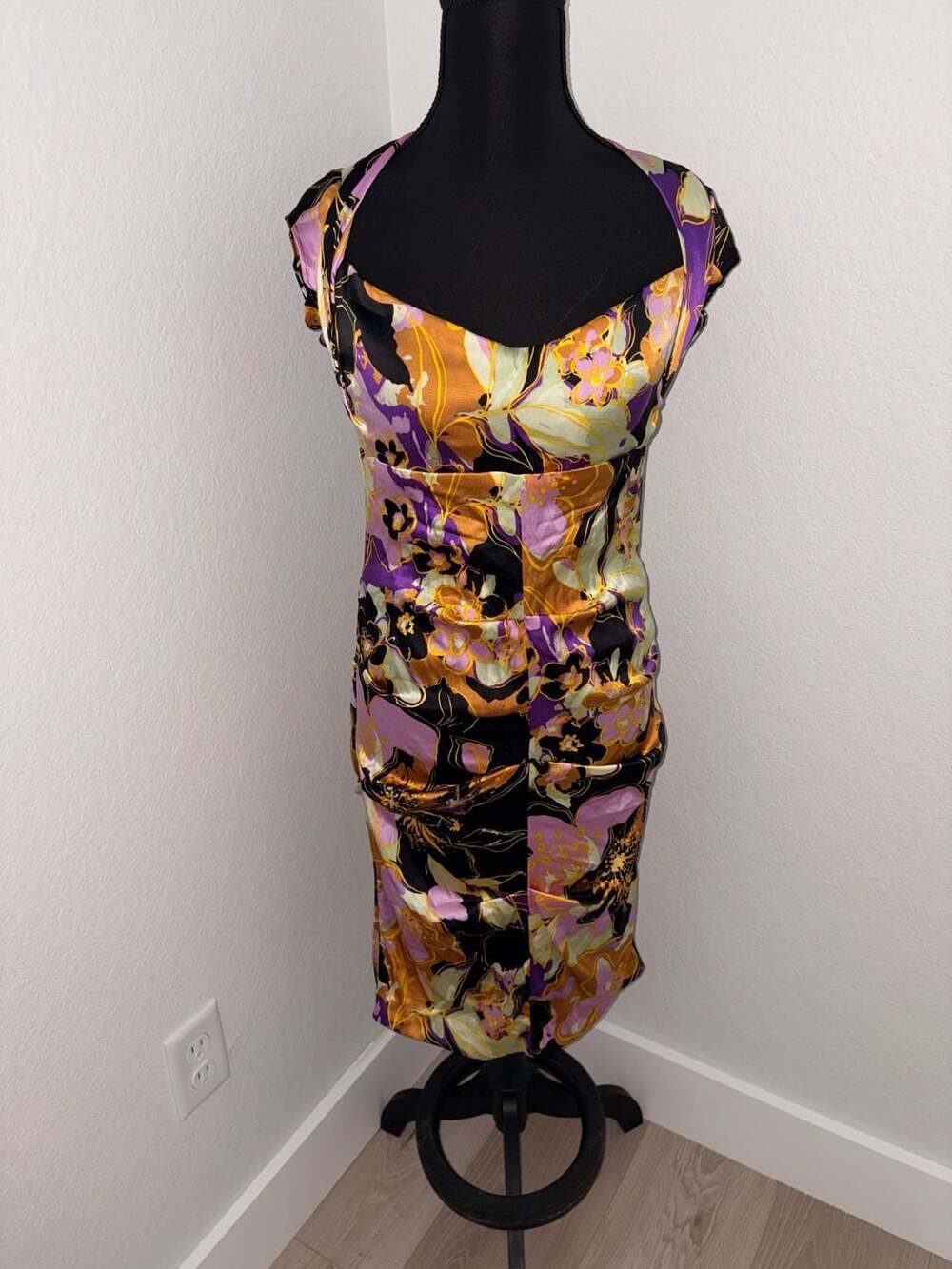 Vintage Cache Silk Black Floral Open Back Wiggle Cocktail Dress